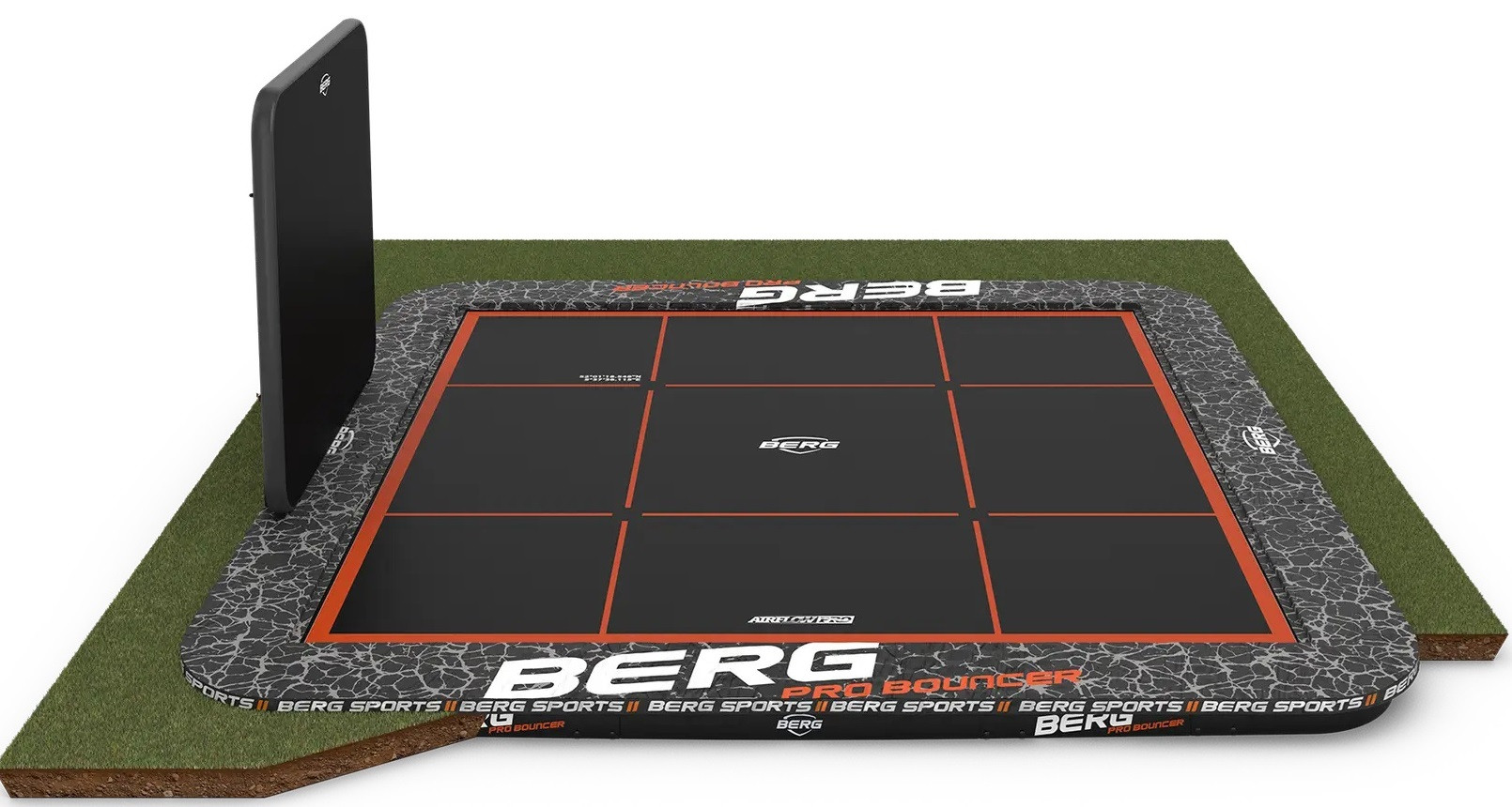 BERG Trampoline Ultim Pro Bouncer -  FlatGround - 500 x 500 cm - met Aerowall Zwart/Grijs - Airflow PRO Springmat - Twinspring PRO