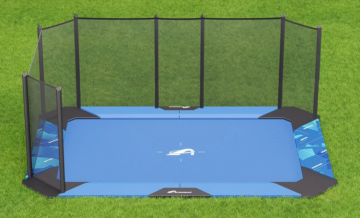 Akrobat Trampoline XCITYX met Half Veiligheidsnet - Flat to the Ground - 520 x 365 cm - Blauw