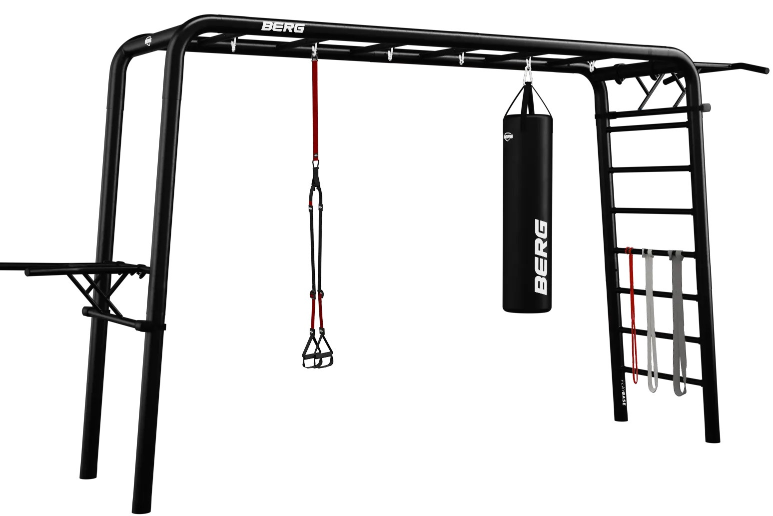BERG PlayBase Large TL 3-in-1 Speeltoestel - met Rekstok en Ladder Sports Set - Bokszak - Fitness touw - Elastieken - Optrekstang - Dipstang