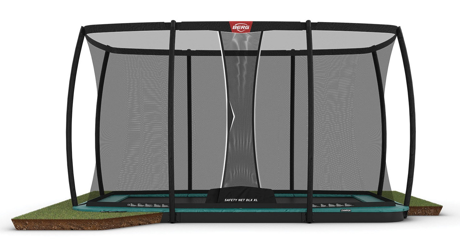 BERG Trampoline Ultim Champion met Veiligheidsnet - Safetynet Deluxe XL - FlatGround - 410 x 250 cm - Groen - met Airflow Springmat - Twinspring