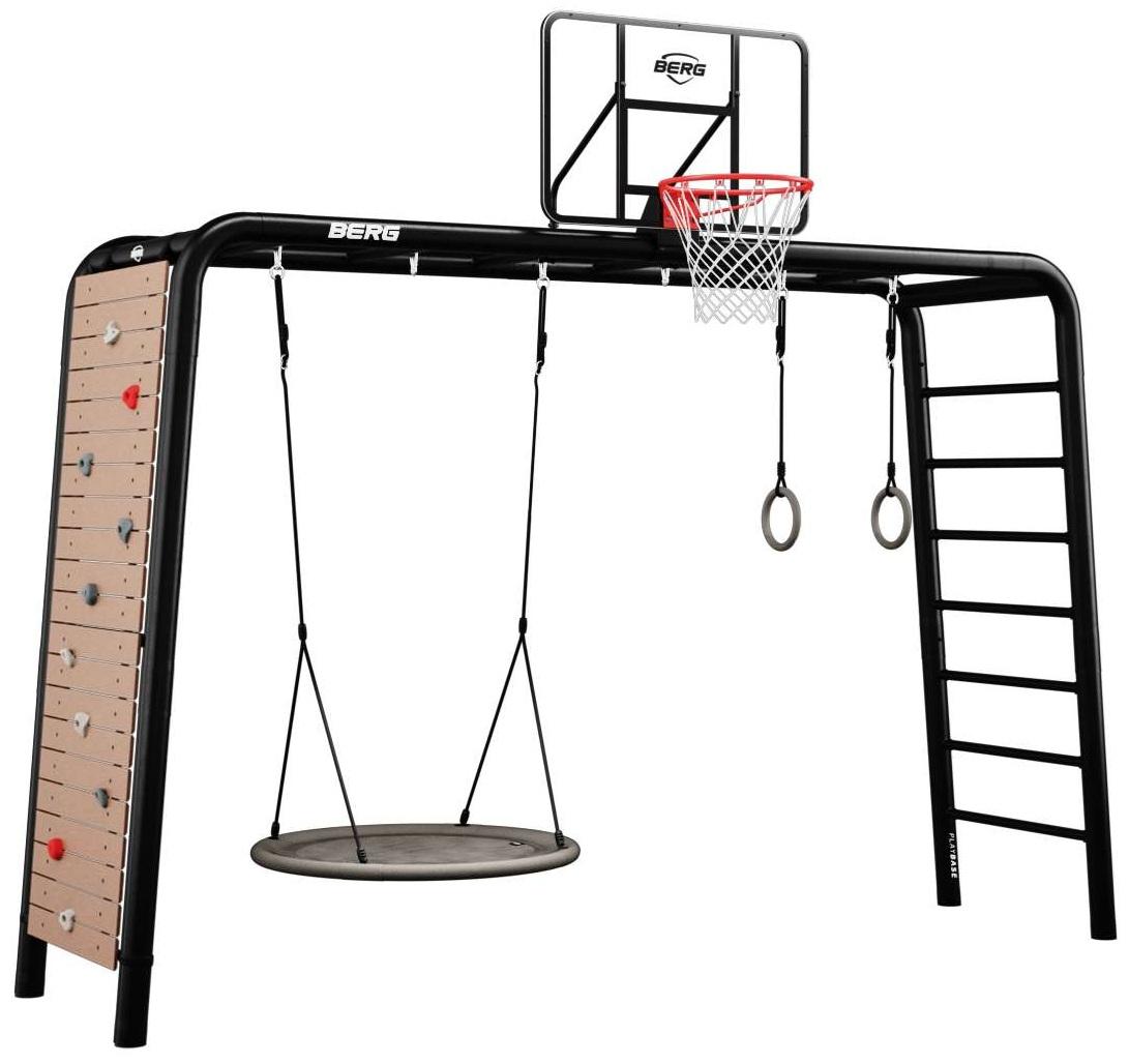 BERG PlayBase Large TL 3-in-1 Speeltoestel - met Rekstok en Ladder - ULTIMATE SET - Klimwand, Basketbalbord, Nestschommel en Turnringen