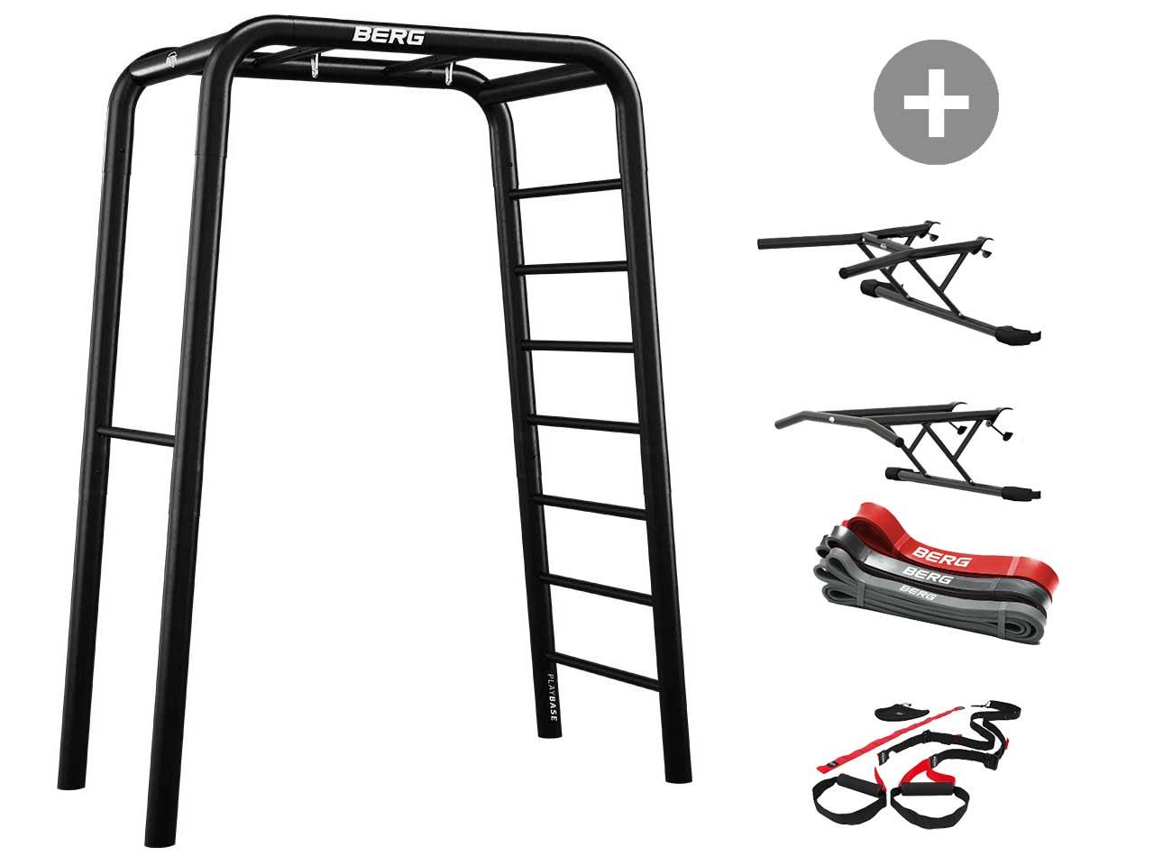 BERG PlayBase Small TL 3-in-1 Speeltoestel - Fitnesstoestel met Rekstok, Ladder, Dipbar, Pullbar, elastieken, fitnesstouw  - Zwart Frame