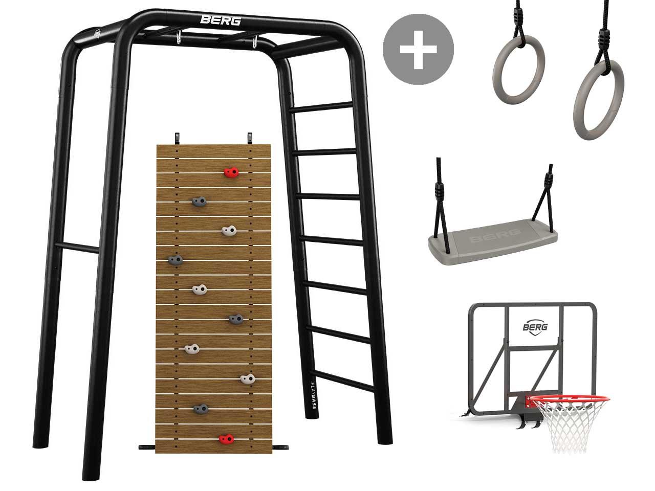 BERG PlayBase Small TL 3-in-1 Speeltoestel - met Rekstok, Ladder, Turnringen, Schommelzitje, Basketbalring, Klimwand - Zwart Frame - ULTIMATE SET