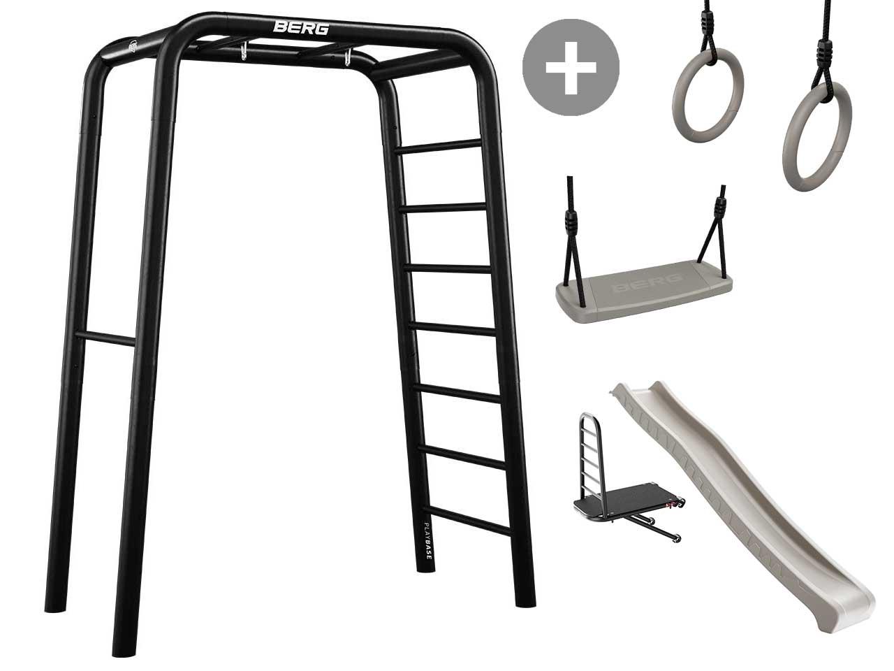 BERG PlayBase Small TL 3-in-1 Speeltoestel - met Rekstok, Ladder, Turnringen, Schommelzitje, Glijbaan - Zwart Frame - PLAY SET