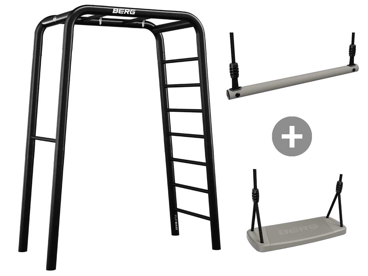 BERG PlayBase Small TL 3-in-1 Speeltoestel - met Rekstok, Ladder, Turnringen, Schommelzitje - Zwart Frame 
