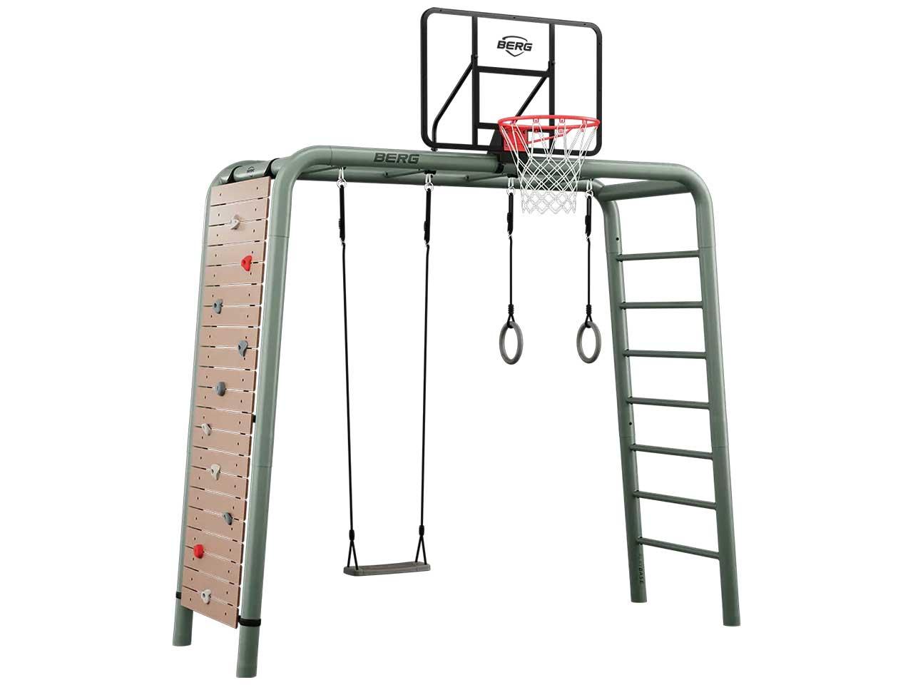 BERG PlayBase Medium Green TL 3-in-1 Speeltoestel - met Rekstok, Ladder - ULTIMATE SET - met basketbalbord, turnringen, schommelzitje en klimwand - Groen