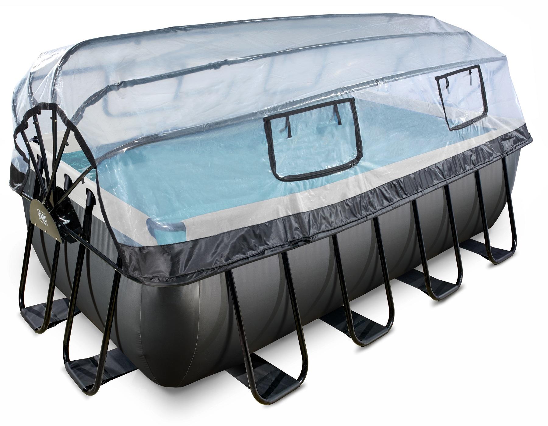 EXIT Frame Zwembad - Black Leather - 400 x 200 x 122 cm - met Overkapping, Warmtepomp en Zandfilterpomp - Zwart