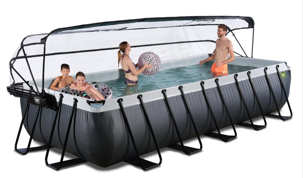 EXIT Frame Zwembad - Black Leather - 540 x 250 x 100 cm - met Zandfilterpomp, Overkapping & Warmtepomp - Zwart