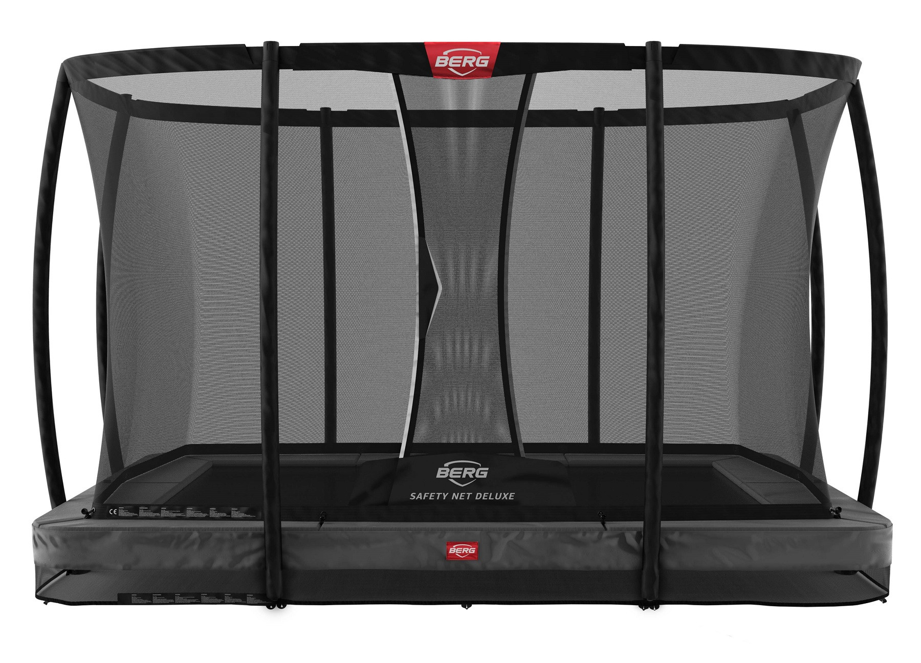 BERG Trampoline Ultim Champion met Veiligheidsnet - Safetynet Deluxe - InGround - 330 x 220 cm - Antraciet Grijs - met Airflow Springmat - Twinspring