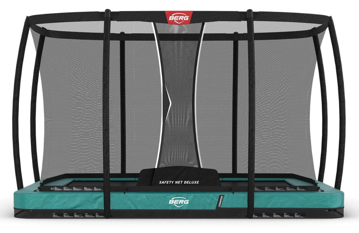 BERG Trampoline Ultim Champion met Veiligheidsnet - Safetynet Deluxe - InGround - 330 x 220 cm - Groen - Airflow PRO Springmat