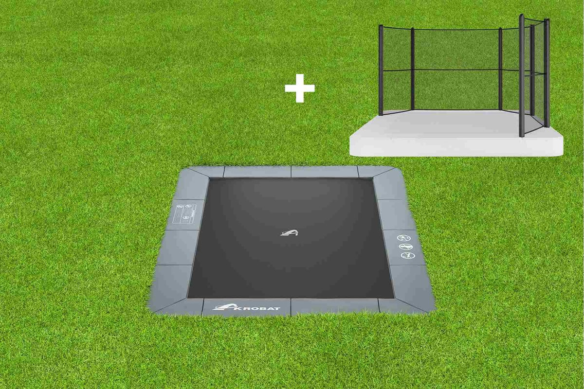 Akrobat Trampoline Orbit - Flat To The Ground - met Half Veiligheidsnet - 380 x 250 cm - Grijs