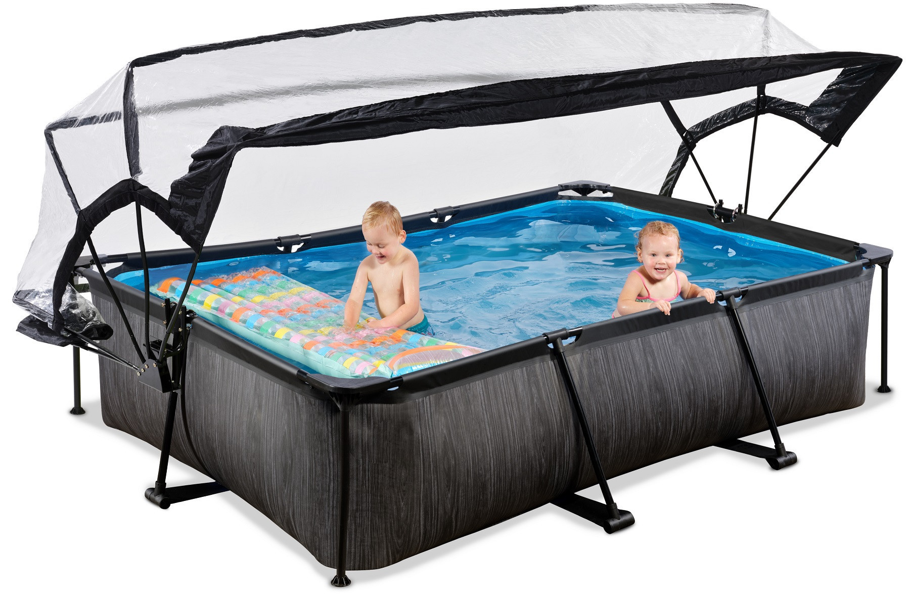 EXIT Black Wood Frame Zwembad - 220 x 150 x 65 cm - Inclusief Overkapping en Cartridge Filterpomp - Zwart - Limited Edition