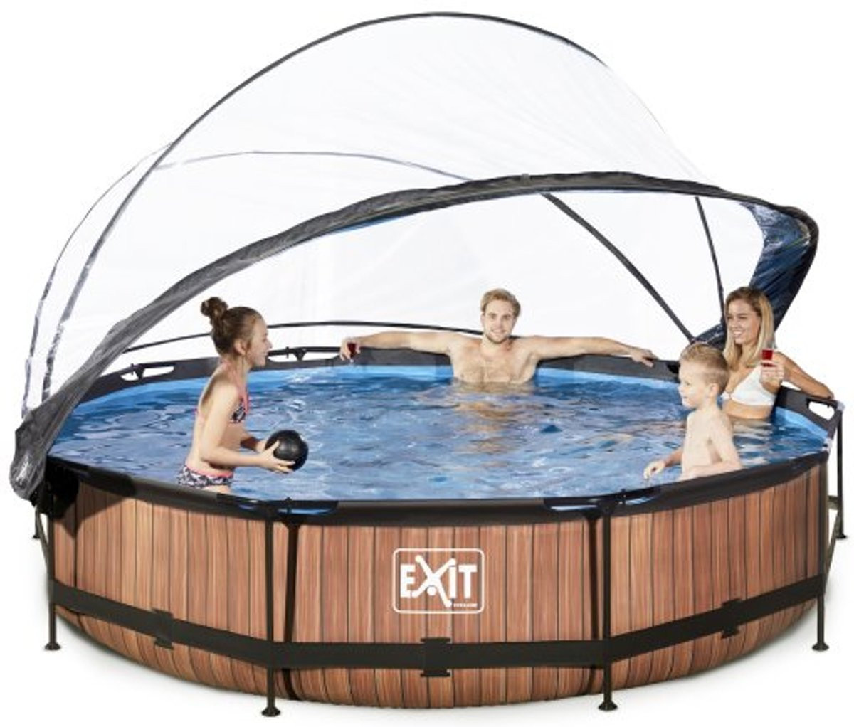 EXIT Frame Zwembad - Wood - ø 360 x 76 cm met Overkapping en Filterpomp - Bruin